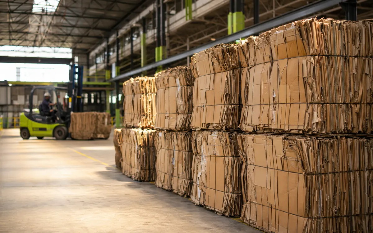 Fardos compactados de papelão alinhados dentro de uma central de reciclagem organizada.