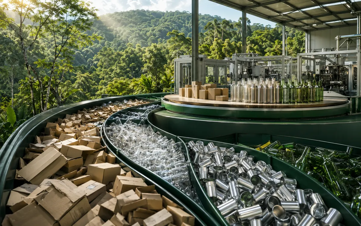 Materiais recicláveis separados e organizados para retornar ao ciclo produtivo em ambiente industrial sustentável.